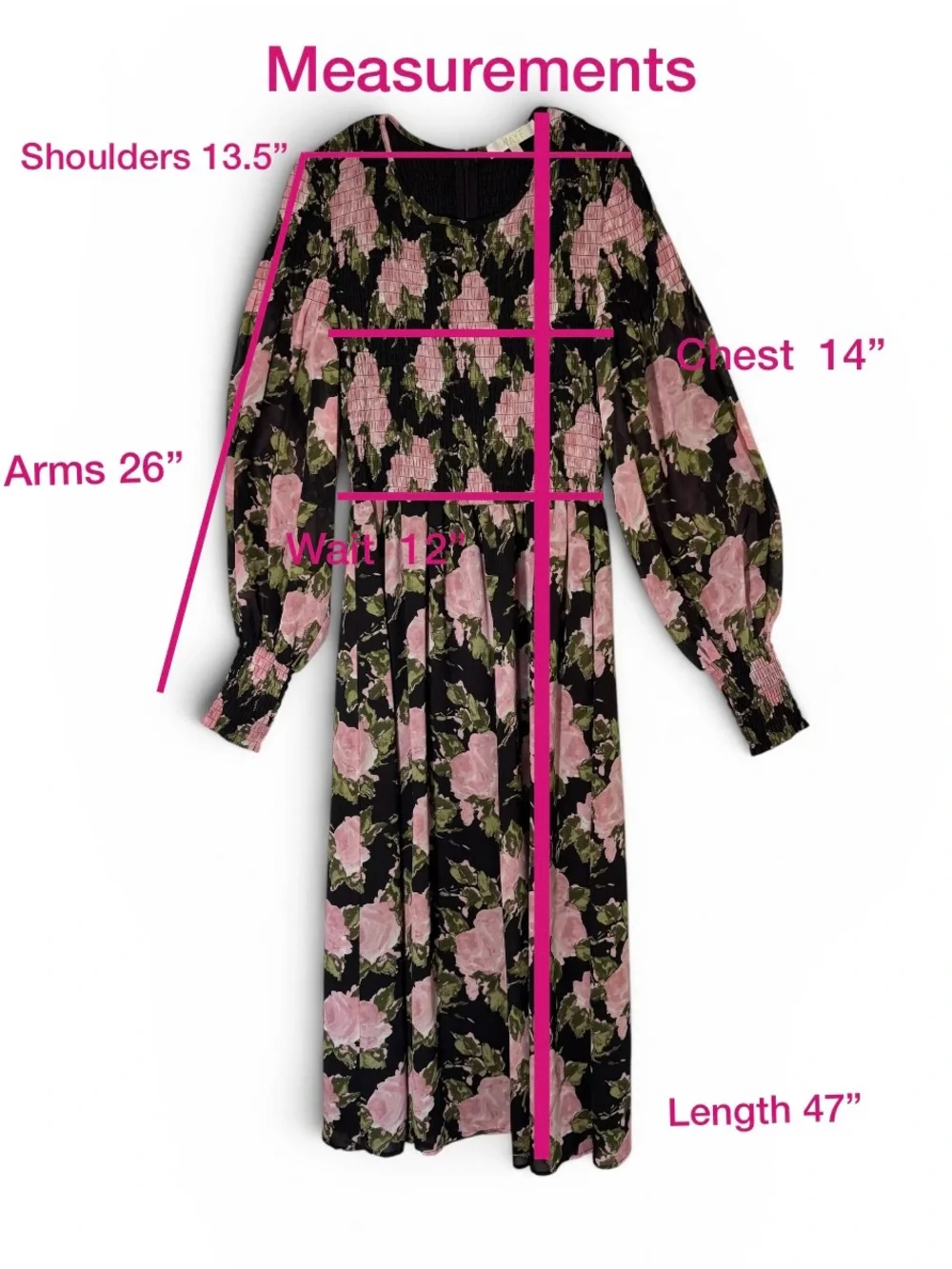 WAYF Floral Smocked Midi Dress Women’s Small Black Pink Rose Long Sleeve Lined